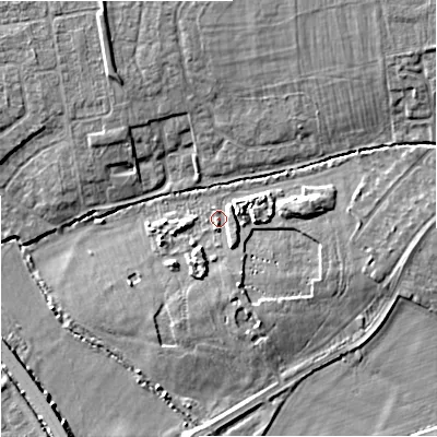 Shaded relief map of the ground around GL31FX, computed from Environment Agency LiDAR. The ground here sits at about 18 m above sea level and falls 8 m across the surrounding 800 m. Surface water reaching this point runs off ground lying to the south-south-west, 2.5 m higher.