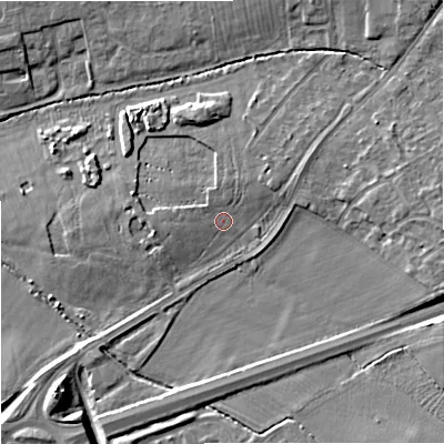 Shaded relief map of the ground around GL31FZ, computed from Environment Agency LiDAR. The ground here sits at about 19 m above sea level and falls 7 m across the surrounding 800 m. Surface water reaching this point runs off ground lying to the north, 1.3 m higher.