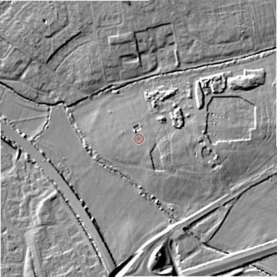 Shaded relief map of the ground around GL31GF, computed from Environment Agency LiDAR. The ground here sits at about 18 m above sea level and falls 9 m across the surrounding 800 m. Surface water reaching this point runs off ground lying to the south-east, 1.1 m higher.