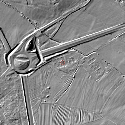 Shaded relief map of the ground around GL31JZ, computed from Environment Agency LiDAR. The ground here sits at about 19 m above sea level and falls 11 m across the surrounding 800 m. Surface water reaching this point runs off ground lying to the south-east, 1.4 m higher.