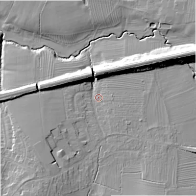 Shaded relief map of the ground around GL32PP, computed from Environment Agency LiDAR. The ground here sits at about 29 m above sea level and falls 20 m across the surrounding 800 m. Surface water reaching this point runs off ground lying to the south-south-west, 13.9 m higher.