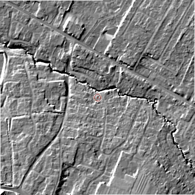 Shaded relief map of the ground around GL33AQ, computed from Environment Agency LiDAR. The ground here sits at about 29 m above sea level and falls 16 m across the surrounding 800 m. Surface water reaching this point runs off ground lying to the south-south-east, 10.8 m higher.