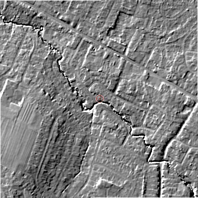 Shaded relief map of the ground around GL33EB, computed from Environment Agency LiDAR. The ground here sits at about 32 m above sea level and falls 14 m across the surrounding 800 m. Surface water reaching this point runs off ground lying to the east-south-east, 8.7 m higher.