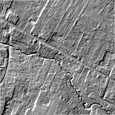 Shaded relief map of the ground around GL33HA, computed from Environment Agency LiDAR. The ground here sits at about 29 m above sea level and falls 12 m across the surrounding 800 m. Surface water reaching this point runs off ground lying to the south, 9.4 m higher.