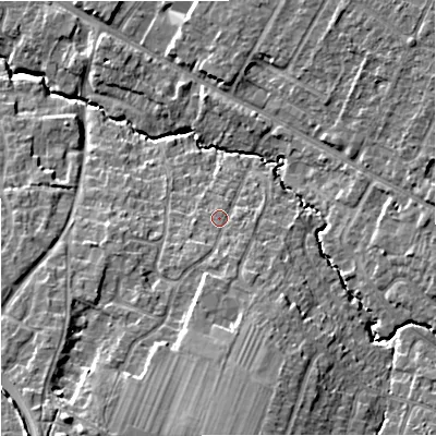 Shaded relief map of the ground around GL33HG, computed from Environment Agency LiDAR. The ground here sits at about 31 m above sea level and falls 15 m across the surrounding 800 m. Surface water reaching this point runs off ground lying to the south, 3.9 m higher.
