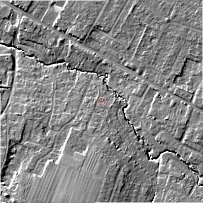 Shaded relief map of the ground around GL33HW, computed from Environment Agency LiDAR. The ground here sits at about 31 m above sea level and falls 15 m across the surrounding 800 m. Surface water reaching this point runs off ground lying to the south, 8.4 m higher.