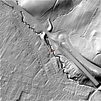 Shaded relief map of the ground around GL33NB, computed from Environment Agency LiDAR. The ground here sits at about 31 m above sea level and falls 26 m across the surrounding 800 m. Surface water reaching this point runs off ground lying to the south-east, 14.1 m higher.