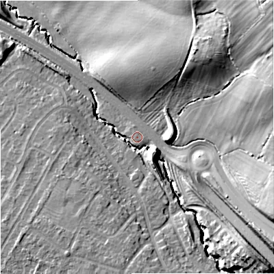 Shaded relief map of the ground around GL33NQ, computed from Environment Agency LiDAR. The ground here sits at about 30 m above sea level and falls 30 m across the surrounding 800 m. Surface water reaching this point runs off ground lying to the north-east, 23.7 m higher.