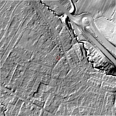 Shaded relief map of the ground around GL33NX, computed from Environment Agency LiDAR. The ground here sits at about 34 m above sea level and falls 19 m across the surrounding 800 m. Surface water reaching this point runs off ground lying to the south, 1.8 m higher.