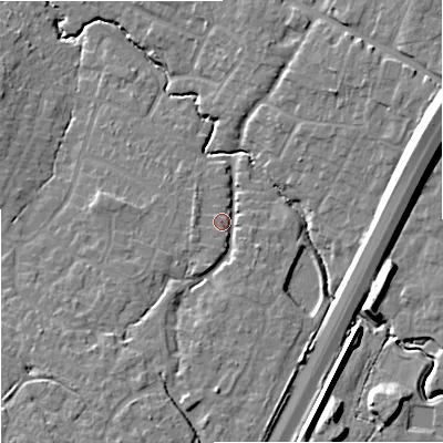 Shaded relief map of the ground around GL33QX, computed from Environment Agency LiDAR. The ground here sits at about 35 m above sea level and falls 18 m across the surrounding 800 m. Surface water reaching this point runs off ground lying to the south-south-west, 9.0 m higher.