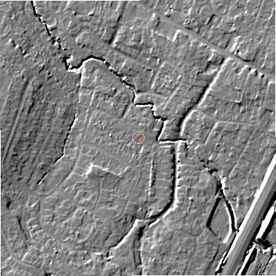 Shaded relief map of the ground around GL33RF, computed from Environment Agency LiDAR. The ground here sits at about 34 m above sea level and falls 14 m across the surrounding 800 m. Surface water reaching this point runs off ground lying to the south-south-west, 1.6 m higher.