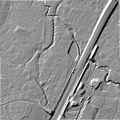 Shaded relief map of the ground around GL33RP, computed from Environment Agency LiDAR. The ground here sits at about 37 m above sea level and falls 16 m across the surrounding 800 m. Surface water reaching this point runs off ground lying to the south-south-west, 1.7 m higher.