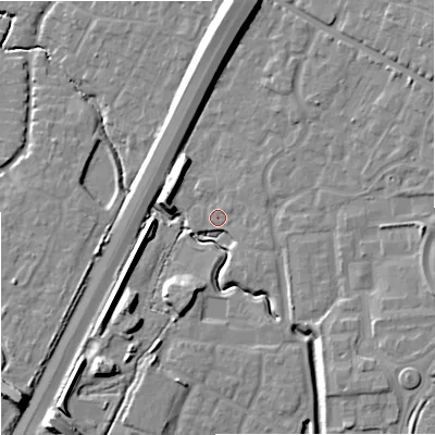 Shaded relief map of the ground around GL33UH, computed from Environment Agency LiDAR. The ground here sits at about 37 m above sea level and falls 16 m across the surrounding 800 m. Surface water reaching this point runs off ground lying to the south-west, 10.6 m higher.