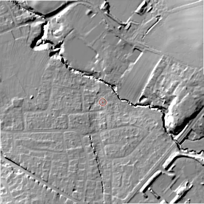 Shaded relief map of the ground around GL34JY, computed from Environment Agency LiDAR. The ground here sits at about 58 m above sea level and falls 26 m across the surrounding 800 m. Surface water reaching this point runs off ground lying to the south-south-east, 9.4 m higher.