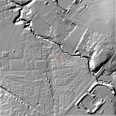 Shaded relief map of the ground around GL34JZ, computed from Environment Agency LiDAR. The ground here sits at about 58 m above sea level and falls 27 m across the surrounding 800 m. Surface water reaching this point runs off ground lying to the south-south-east, 3.2 m higher.