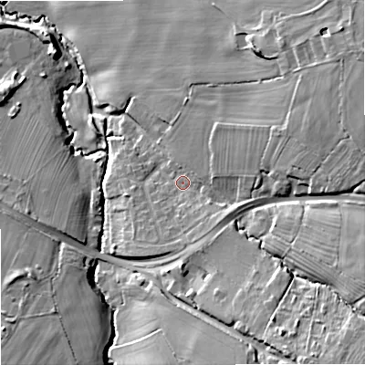 Shaded relief map of the ground around GL34TD, computed from Environment Agency LiDAR. The ground here sits at about 68 m above sea level and falls 24 m across the surrounding 800 m. Surface water reaching this point runs off ground lying to the south-east, 14.4 m higher.