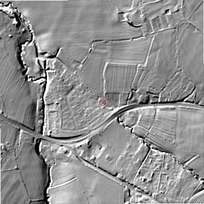 Shaded relief map of the ground around GL34TE, computed from Environment Agency LiDAR. The ground here sits at about 70 m above sea level and falls 25 m across the surrounding 800 m. Surface water reaching this point runs off ground lying to the south-east, 14.2 m higher.