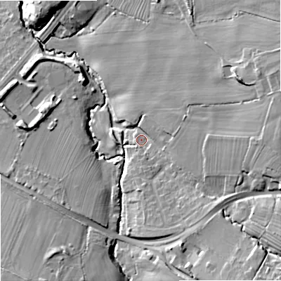 Shaded relief map of the ground around GL34TH, computed from Environment Agency LiDAR. The ground here sits at about 65 m above sea level and falls 22 m across the surrounding 800 m. Surface water reaching this point runs off ground lying to the east, 13.9 m higher.