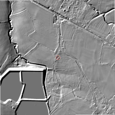 Shaded relief map of the ground around GL34TR, computed from Environment Agency LiDAR. The ground here sits at about 84 m above sea level and falls 34 m across the surrounding 800 m. Surface water reaching this point runs off ground lying to the south-east, 16.8 m higher.
