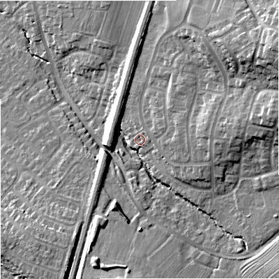 Shaded relief map of the ground around GL40HH, computed from Environment Agency LiDAR. The ground here sits at about 25 m above sea level and falls 26 m across the surrounding 800 m. Surface water reaching this point runs off ground lying to the east, 15.1 m higher.