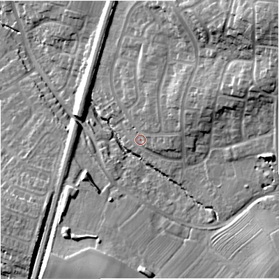 Shaded relief map of the ground around GL40HQ, computed from Environment Agency LiDAR. The ground here sits at about 26 m above sea level and falls 27 m across the surrounding 800 m. Surface water reaching this point runs off ground lying to the north-east, 4.3 m higher.