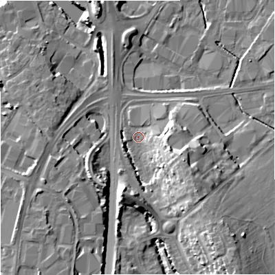 Shaded relief map of the ground around GL40LR, computed from Environment Agency LiDAR. The ground here sits at about 13 m above sea level and falls 15 m across the surrounding 800 m. Surface water reaching this point runs off ground lying to the south-east, 13.0 m higher.