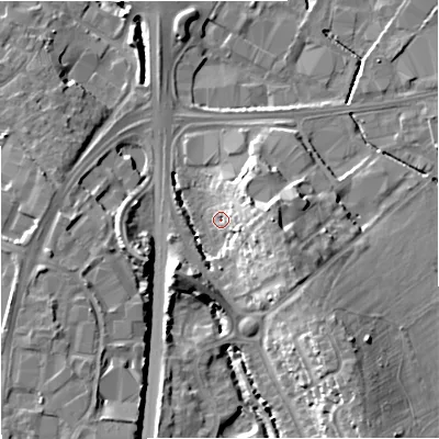 Shaded relief map of the ground around GL40LW, computed from Environment Agency LiDAR. The ground here sits at about 14 m above sea level and falls 15 m across the surrounding 800 m. Surface water reaching this point runs off ground lying to the south-east, 13.0 m higher.