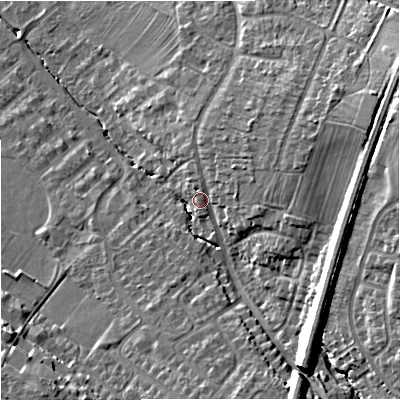 Shaded relief map of the ground around GL40PG, computed from Environment Agency LiDAR. The ground here sits at about 21 m above sea level and falls 18 m across the surrounding 800 m. Surface water reaching this point runs off ground lying to the north-east, 5.4 m higher.