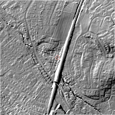 Shaded relief map of the ground around GL40PN, computed from Environment Agency LiDAR. The ground here sits at about 23 m above sea level and falls 24 m across the surrounding 800 m. Surface water reaching this point runs off ground lying to the north-north-east, 6.2 m higher.