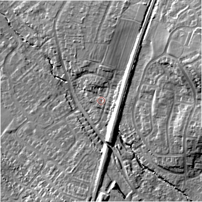 Shaded relief map of the ground around GL40PP, computed from Environment Agency LiDAR. The ground here sits at about 22 m above sea level and falls 23 m across the surrounding 800 m. Surface water reaching this point runs off ground lying to the north-north-east, 7.6 m higher.