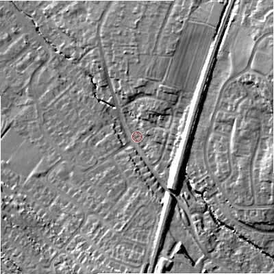 Shaded relief map of the ground around GL40PR, computed from Environment Agency LiDAR. The ground here sits at about 20 m above sea level and falls 20 m across the surrounding 800 m. Surface water reaching this point runs off ground lying to the south, 12.5 m higher.