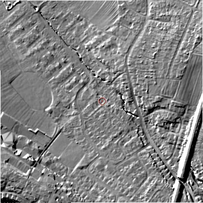 Shaded relief map of the ground around GL40QR, computed from Environment Agency LiDAR. The ground here sits at about 19 m above sea level and falls 17 m across the surrounding 800 m. Surface water reaching this point runs off ground lying to the south-south-east, 3.3 m higher.