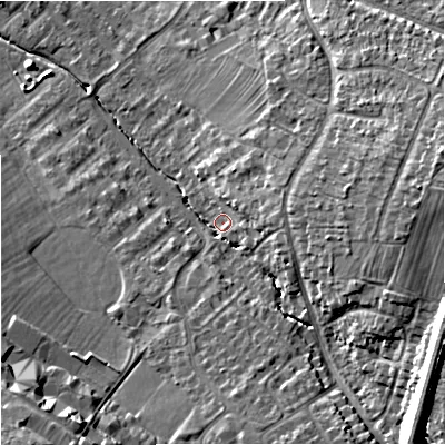 Shaded relief map of the ground around GL40QX, computed from Environment Agency LiDAR. The ground here sits at about 17 m above sea level and falls 17 m across the surrounding 800 m. Surface water reaching this point runs off ground lying to the east-south-east, 13.0 m higher.