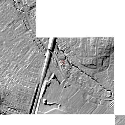 Shaded relief map of the ground around GL40RE, computed from Environment Agency LiDAR. The ground here sits at about 25 m above sea level and falls 18 m across the surrounding 800 m. Surface water reaching this point runs off ground lying to the south, 12.9 m higher.
