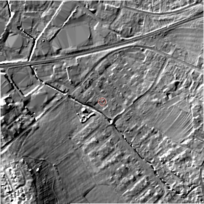 Shaded relief map of the ground around GL40RQ, computed from Environment Agency LiDAR. The ground here sits at about 14 m above sea level and falls 15 m across the surrounding 800 m. Surface water reaching this point runs off ground lying to the east-north-east, 3.5 m higher.