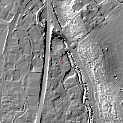 Shaded relief map of the ground around GL40TA, computed from Environment Agency LiDAR. The ground here sits at about 14 m above sea level and falls 17 m across the surrounding 800 m. Surface water reaching this point runs off ground lying to the south-east, 16.2 m higher.