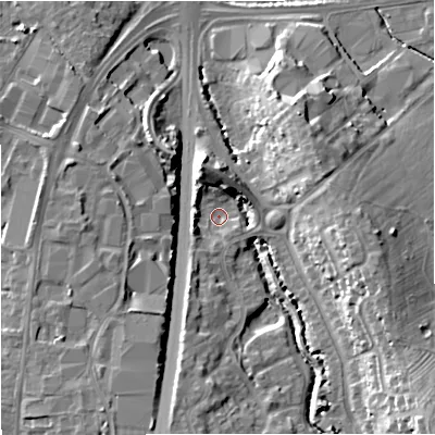 Shaded relief map of the ground around GL40TU, computed from Environment Agency LiDAR. The ground here sits at about 14 m above sea level and falls 16 m across the surrounding 800 m. Surface water reaching this point runs off ground lying to the west-south-west, 5.1 m higher.