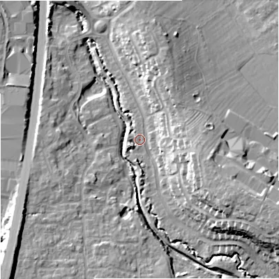 Shaded relief map of the ground around GL40XL, computed from Environment Agency LiDAR. The ground here sits at about 16 m above sea level and falls 19 m across the surrounding 800 m. Surface water reaching this point runs off ground lying to the east-south-east, 14.9 m higher.