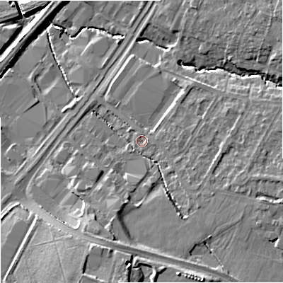 Shaded relief map of the ground around GL43AZ, computed from Environment Agency LiDAR. The ground here sits at about 23 m above sea level and falls 18 m across the surrounding 800 m. Surface water reaching this point runs off ground lying to the east-south-east, 3.2 m higher.