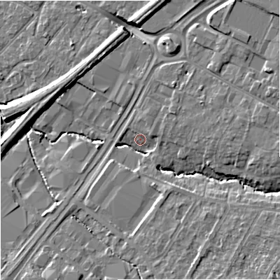 Shaded relief map of the ground around GL43BE, computed from Environment Agency LiDAR. The ground here sits at about 22 m above sea level and falls 9 m across the surrounding 800 m. Surface water reaching this point runs off ground lying to the north-east, 5.8 m higher.