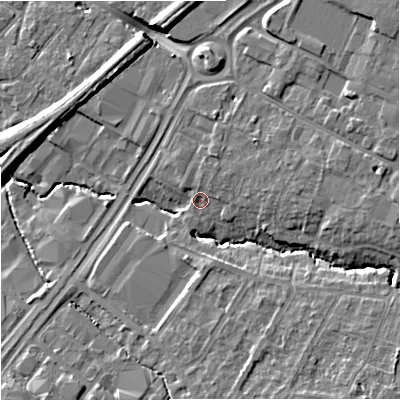 Shaded relief map of the ground around GL43BQ, computed from Environment Agency LiDAR. The ground here sits at about 23 m above sea level and falls 9 m across the surrounding 800 m. Surface water reaching this point runs off ground lying to the south-east, 8.1 m higher.