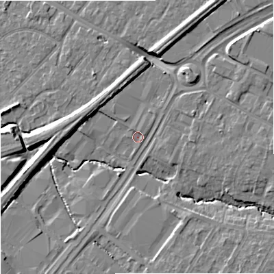 Shaded relief map of the ground around GL43BU, computed from Environment Agency LiDAR. The ground here sits at about 22 m above sea level and falls 9 m across the surrounding 800 m. Surface water reaching this point runs off ground lying to the north-north-west, 7.8 m higher.