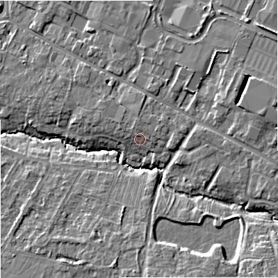 Shaded relief map of the ground around GL43DA, computed from Environment Agency LiDAR. The ground here sits at about 26 m above sea level and falls 11 m across the surrounding 800 m. Surface water reaching this point runs off ground lying to the north-north-west, 1.7 m higher.
