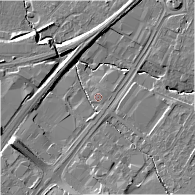 Shaded relief map of the ground around GL43DN, computed from Environment Agency LiDAR. The ground here sits at about 22 m above sea level and falls 16 m across the surrounding 800 m. Surface water reaching this point runs off ground lying to the south-west, 3.8 m higher.