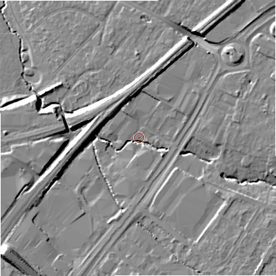 Shaded relief map of the ground around GL43DP, computed from Environment Agency LiDAR. The ground here sits at about 20 m above sea level and falls 16 m across the surrounding 800 m. Surface water reaching this point runs off ground lying to the south-west, 13.5 m higher.