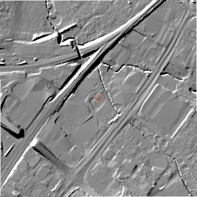 Shaded relief map of the ground around GL43SN, computed from Environment Agency LiDAR. The ground here sits at about 20 m above sea level and falls 16 m across the surrounding 800 m. Surface water reaching this point runs off ground lying to the south-west, 13.4 m higher.