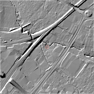 Shaded relief map of the ground around GL43YY, computed from Environment Agency LiDAR. The ground here sits at about 19 m above sea level and falls 16 m across the surrounding 800 m. Surface water reaching this point runs off ground lying to the south-west, 4.0 m higher.