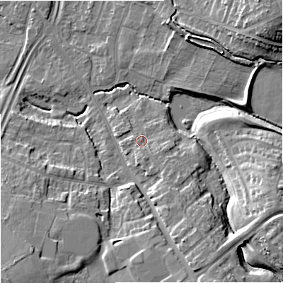 Shaded relief map of the ground around GL44AE, computed from Environment Agency LiDAR. The ground here sits at about 28 m above sea level and falls 18 m across the surrounding 800 m. Surface water reaching this point runs off ground lying to the south-east, 2.6 m higher.