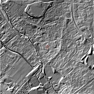 Shaded relief map of the ground around GL44AJ, computed from Environment Agency LiDAR. The ground here sits at about 41 m above sea level and falls 20 m across the surrounding 800 m. Surface water reaching this point runs off ground lying to the east-south-east, 9.7 m higher.
