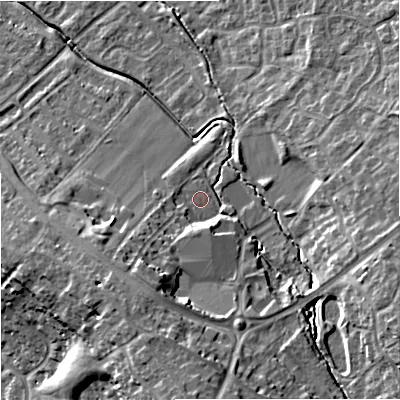 Shaded relief map of the ground around GL44AL, computed from Environment Agency LiDAR. The ground here sits at about 41 m above sea level and falls 22 m across the surrounding 800 m. Surface water reaching this point runs off ground lying to the south-south-west, 11.0 m higher.